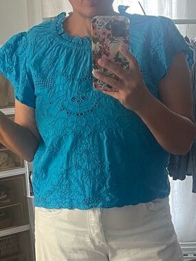 Brand new Blue Eyelet Flutter Sleeve Top! Tags attached!